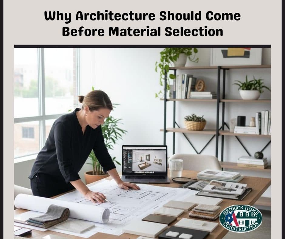 Architectural blueprint and floor plan drawings laid out before material selection begins